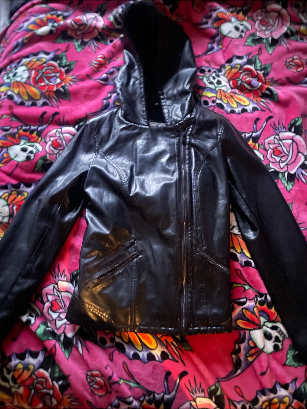 Black Faux Leather Hooded Jacket - Women's Stylish Moto Coat